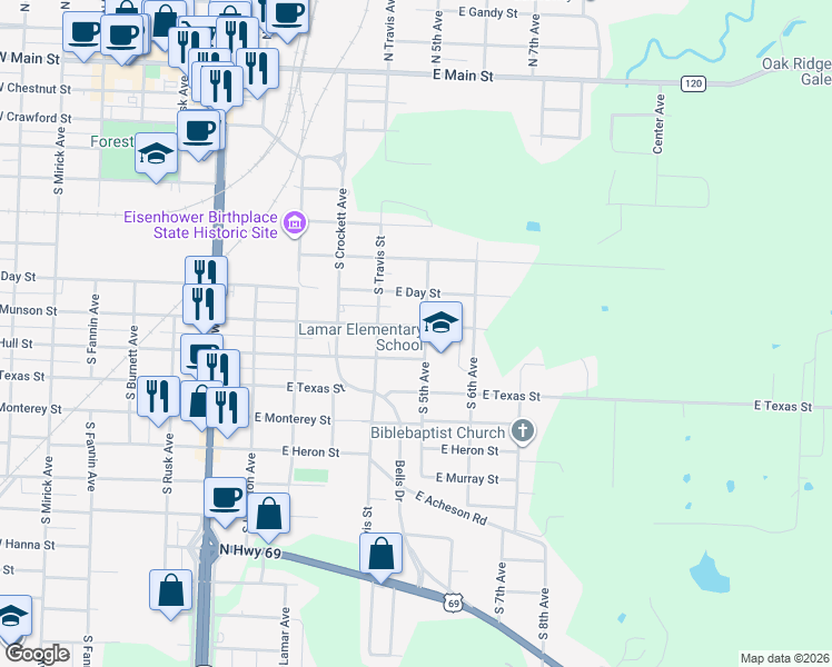 map of restaurants, bars, coffee shops, grocery stores, and more near 428 Munson Street in Denison