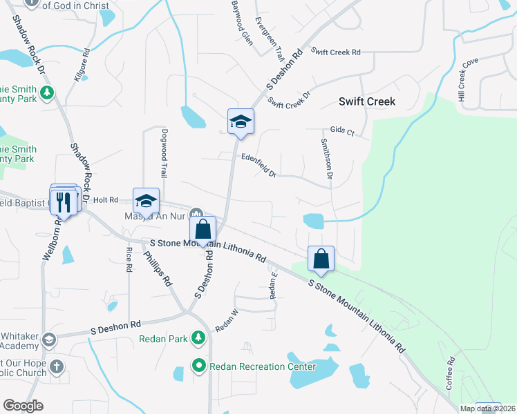 map of restaurants, bars, coffee shops, grocery stores, and more near 6341 Deshong Drive in Lithonia