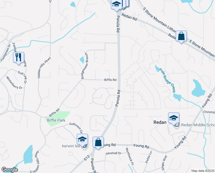 map of restaurants, bars, coffee shops, grocery stores, and more near 5436 Biffle Court in Stone Mountain