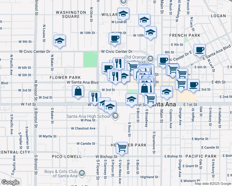 map of restaurants, bars, coffee shops, grocery stores, and more near 600 West 3rd Street in Santa Ana