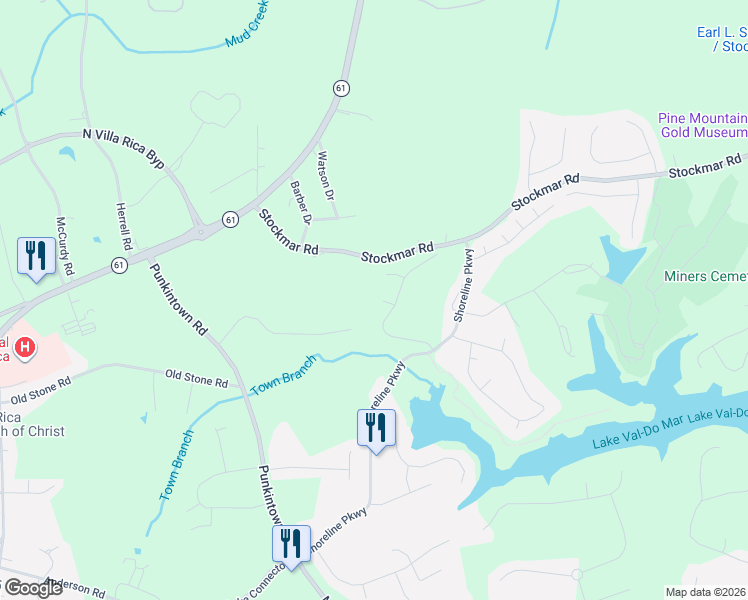 map of restaurants, bars, coffee shops, grocery stores, and more near 2124 Owls Way in Villa Rica