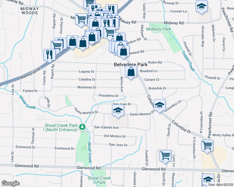 map of restaurants, bars, coffee shops, grocery stores, and more near 1557 Belva Avenue in Decatur