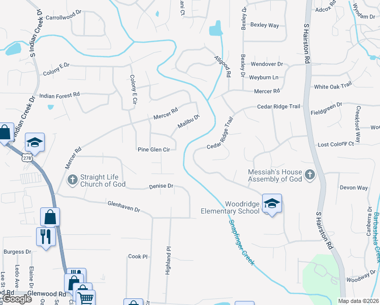 map of restaurants, bars, coffee shops, grocery stores, and more near 4410 Cedar Ridge Trail in Stone Mountain