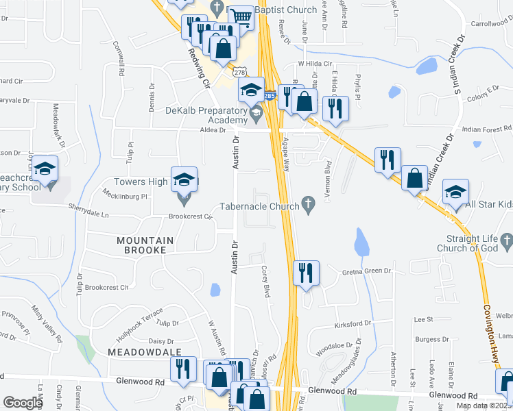 map of restaurants, bars, coffee shops, grocery stores, and more near 1633 Austin Meadows Drive in Decatur
