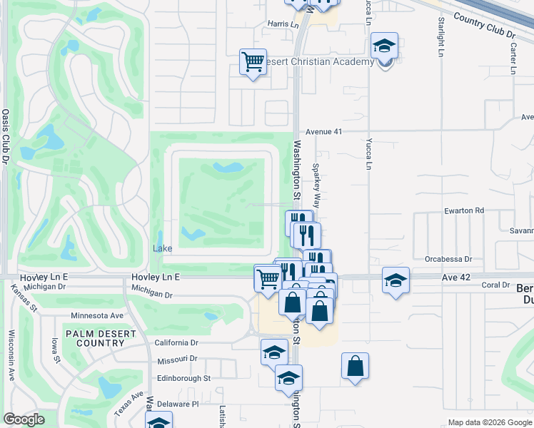 map of restaurants, bars, coffee shops, grocery stores, and more near 41551 Woodhaven Drive East in Palm Desert
