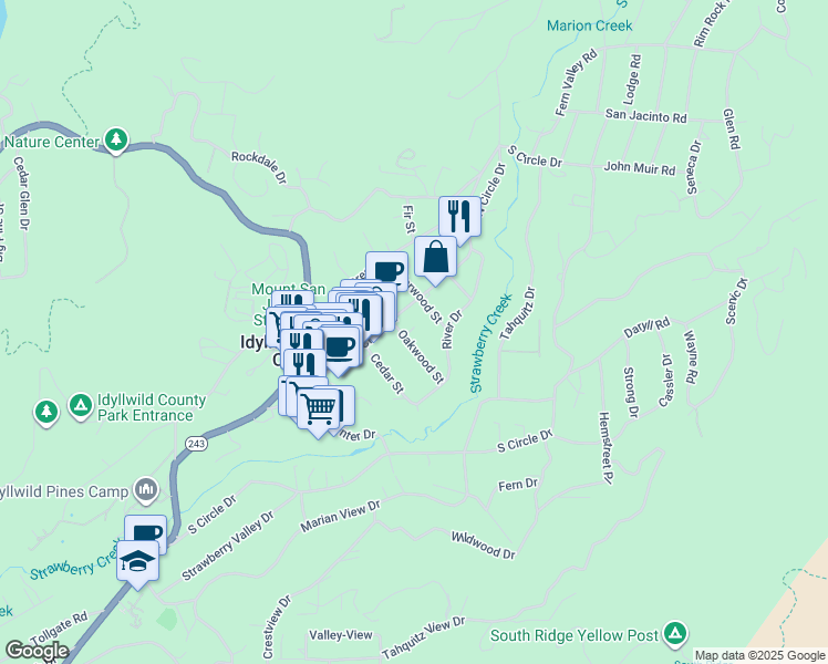 map of restaurants, bars, coffee shops, grocery stores, and more near 25860 Oakwood Street in Idyllwild-Pine Cove