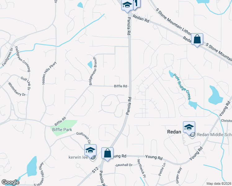 map of restaurants, bars, coffee shops, grocery stores, and more near 5273 Biffle Downs Road in Stone Mountain
