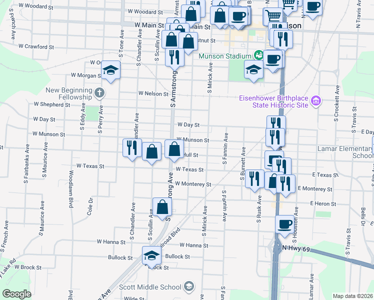 map of restaurants, bars, coffee shops, grocery stores, and more near 618 West Munson Street in Denison