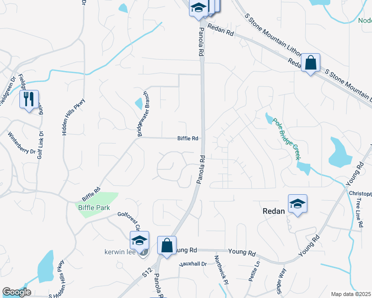 map of restaurants, bars, coffee shops, grocery stores, and more near 5442 Biffle Court in Stone Mountain