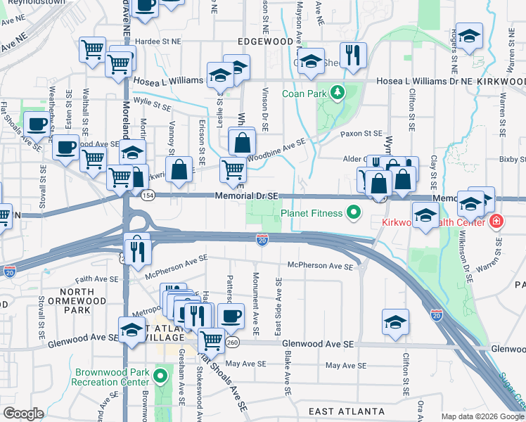 map of restaurants, bars, coffee shops, grocery stores, and more near 1401 Memorial Drive Southeast in Atlanta