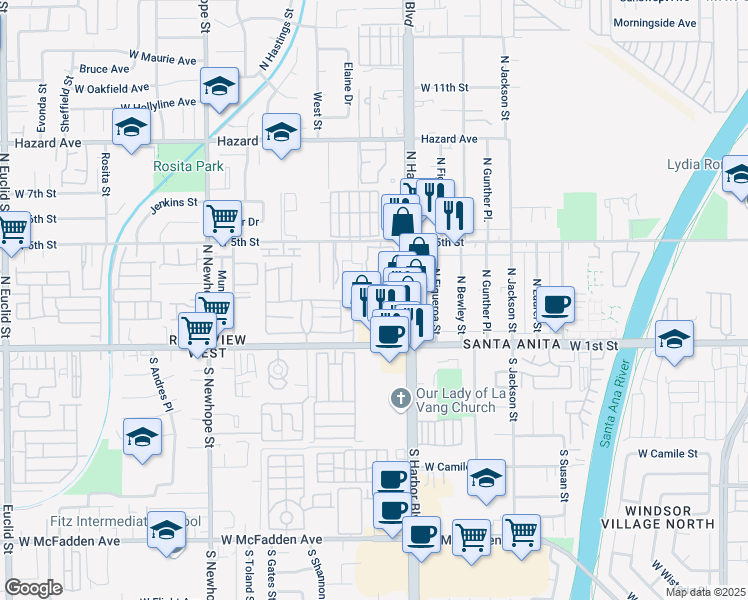 map of restaurants, bars, coffee shops, grocery stores, and more near 360-420 Forry Ln in Santa Ana