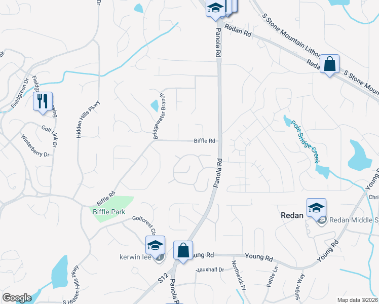 map of restaurants, bars, coffee shops, grocery stores, and more near 5289 Biffle Downs Road in Stone Mountain