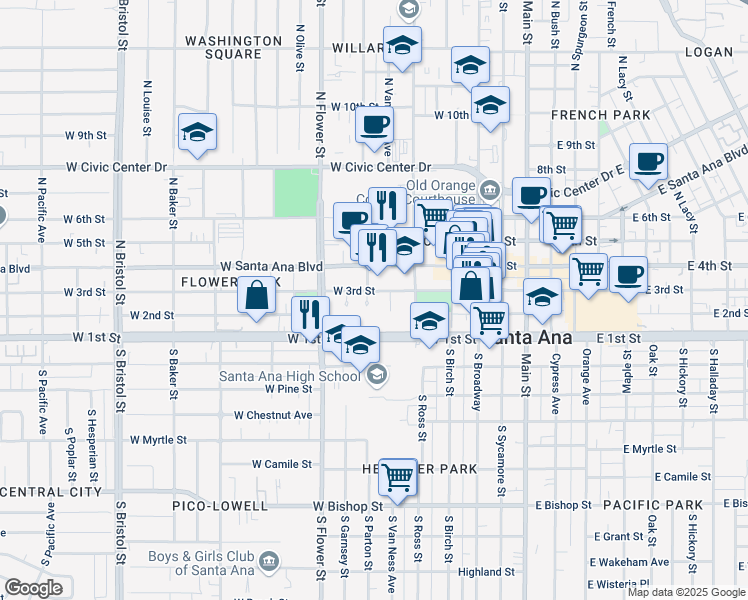 map of restaurants, bars, coffee shops, grocery stores, and more near 600 West 3rd Street in Santa Ana