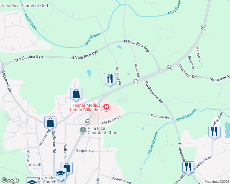 map of restaurants, bars, coffee shops, grocery stores, and more near 821 Dallas Highway in Villa Rica
