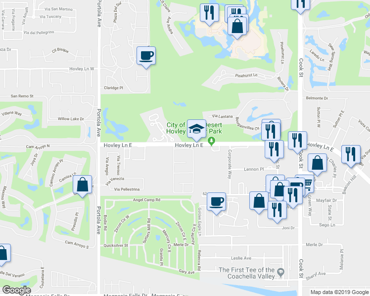 map of restaurants, bars, coffee shops, grocery stores, and more near 74401 Hovley Lane East in Palm Desert