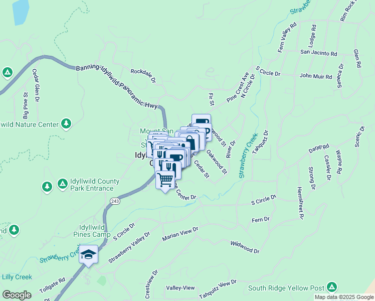 map of restaurants, bars, coffee shops, grocery stores, and more near 25160 Cedar Street in Idyllwild-Pine Cove