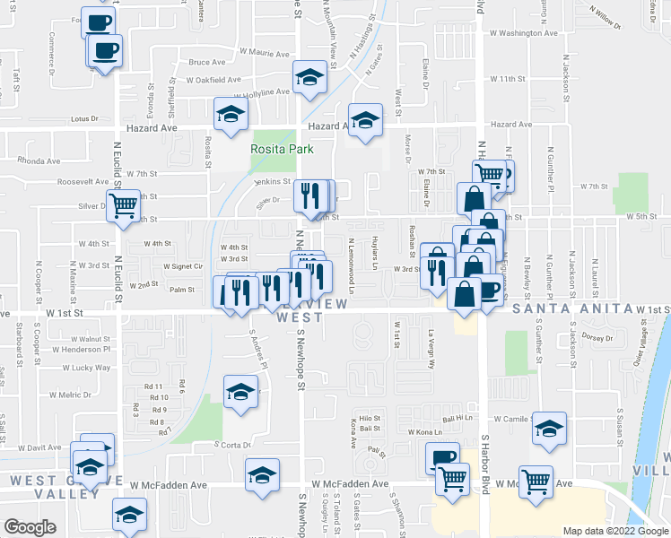 map of restaurants, bars, coffee shops, grocery stores, and more near 245 North Mountain View Street in Santa Ana