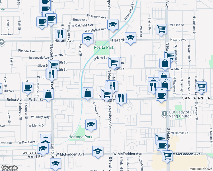 map of restaurants, bars, coffee shops, grocery stores, and more near 4524 West 3rd Street in Santa Ana