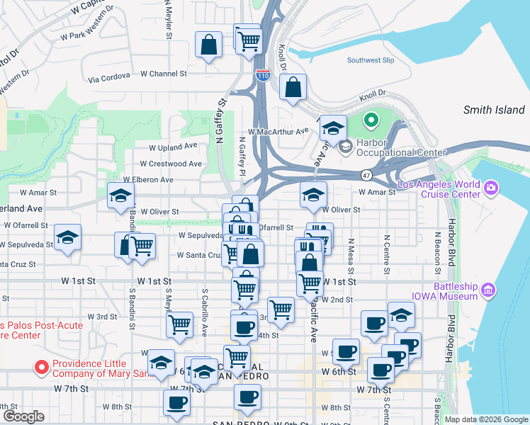 map of restaurants, bars, coffee shops, grocery stores, and more near 655 West Oliver Street in Los Angeles