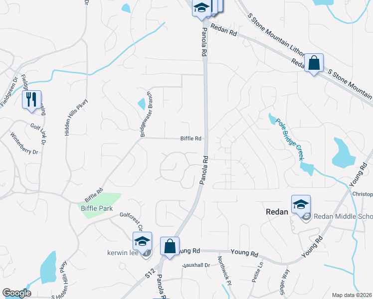 map of restaurants, bars, coffee shops, grocery stores, and more near 5436 Biffle Court in Stone Mountain