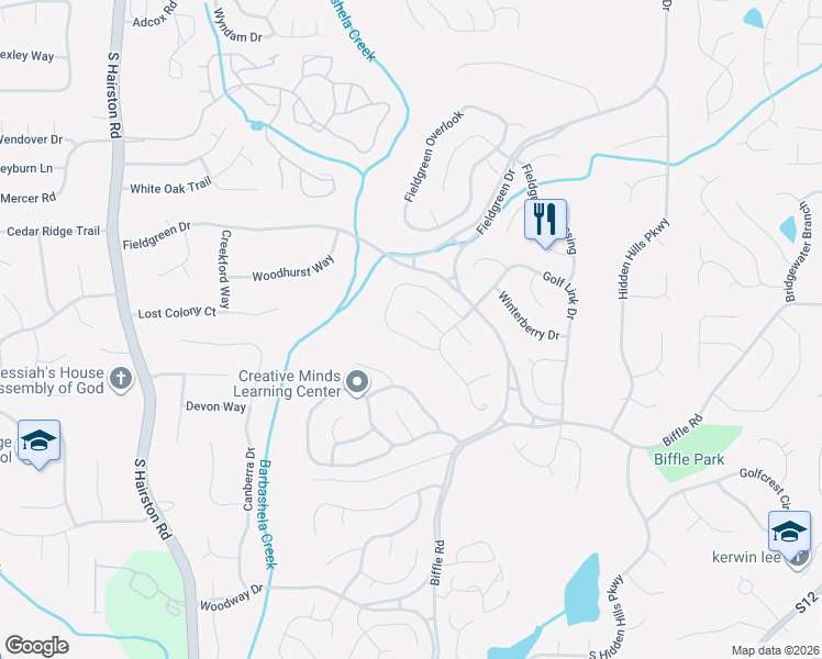 map of restaurants, bars, coffee shops, grocery stores, and more near 1401 Crooked Tree Circle in Stone Mountain