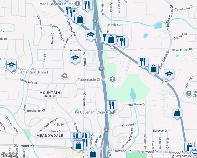 map of restaurants, bars, coffee shops, grocery stores, and more near 1636 Austin Meadows Drive in Decatur