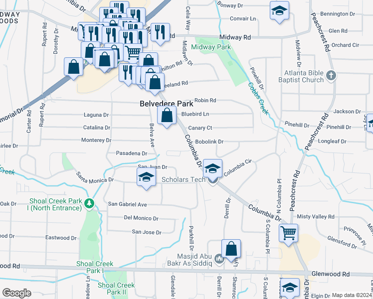 map of restaurants, bars, coffee shops, grocery stores, and more near 3094 Lauren Parc Road in Decatur