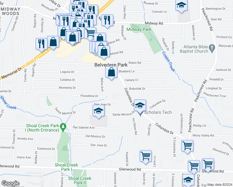 map of restaurants, bars, coffee shops, grocery stores, and more near 3032 Lauren Parc Road in Decatur