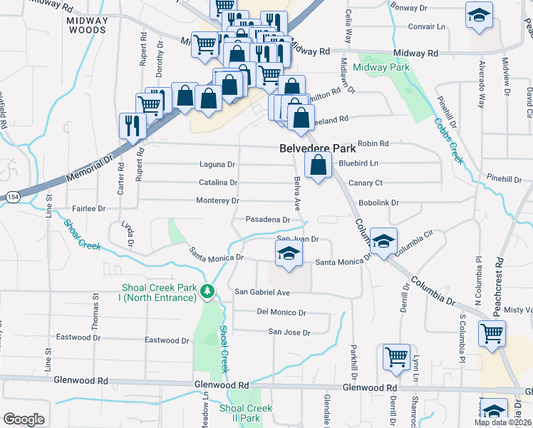 map of restaurants, bars, coffee shops, grocery stores, and more near 3005 Monterey Drive in Decatur