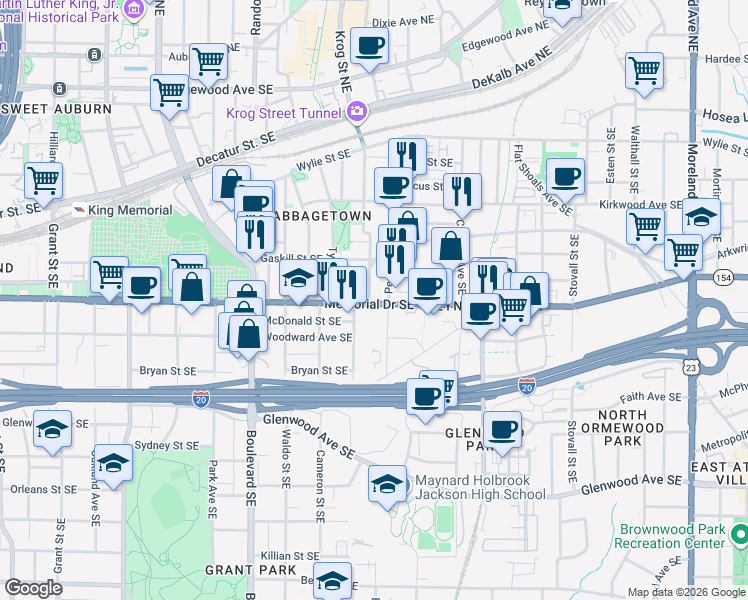 map of restaurants, bars, coffee shops, grocery stores, and more near 742 Memorial Drive Southeast in Atlanta