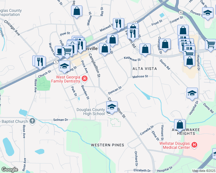 map of restaurants, bars, coffee shops, grocery stores, and more near 8612 Campbellton Street in Douglasville