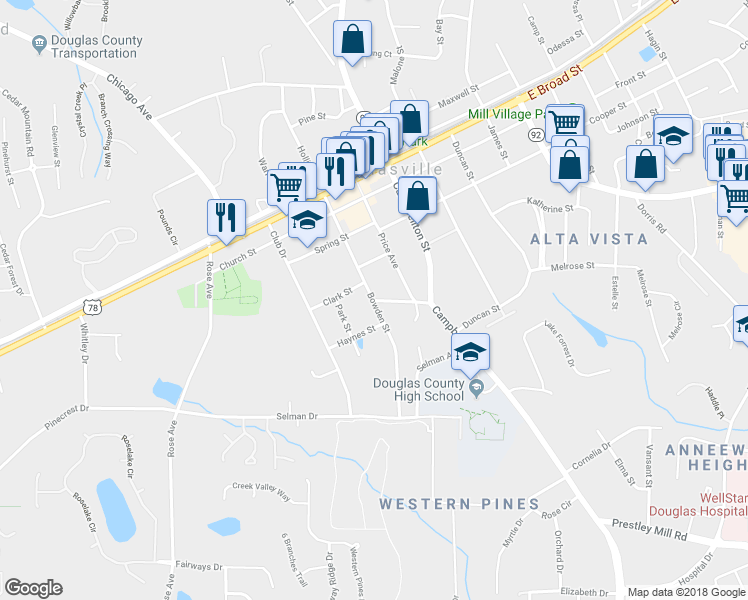 map of restaurants, bars, coffee shops, grocery stores, and more near 6700 Woodrow Avenue in Douglasville