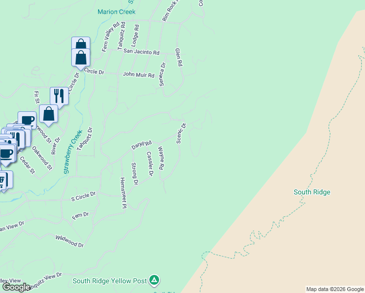 map of restaurants, bars, coffee shops, grocery stores, and more near 25840 Scenic Drive in Idyllwild-Pine Cove