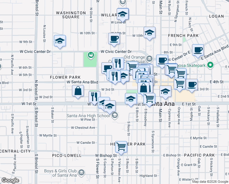 map of restaurants, bars, coffee shops, grocery stores, and more near 600 West 3rd Street in Santa Ana