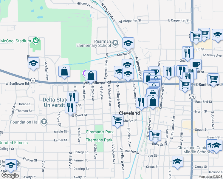 map of restaurants, bars, coffee shops, grocery stores, and more near 210 North Victoria Avenue in Cleveland
