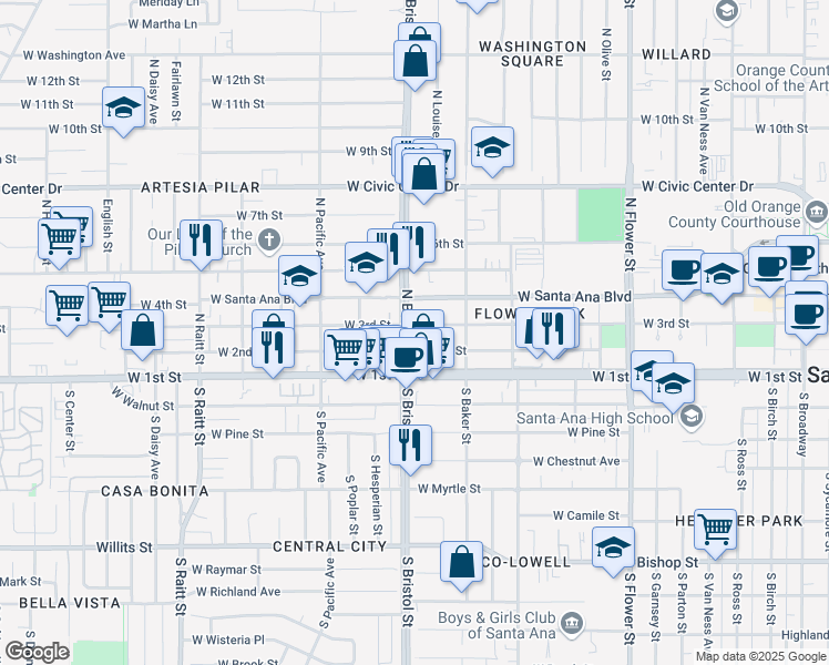 map of restaurants, bars, coffee shops, grocery stores, and more near 1246 W 3rd St in Santa Ana