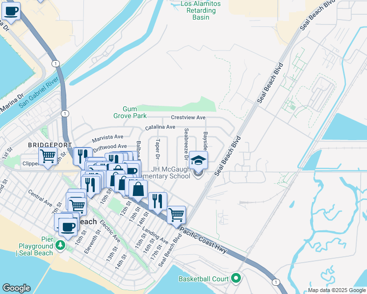 map of restaurants, bars, coffee shops, grocery stores, and more near 645 Seabreeze Drive in Seal Beach