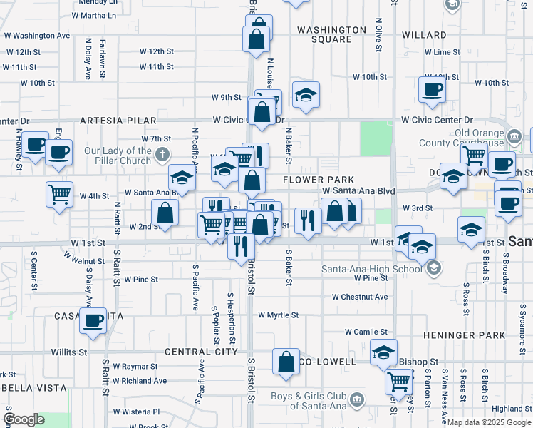 map of restaurants, bars, coffee shops, grocery stores, and more near 1234 West 3rd Street in Santa Ana
