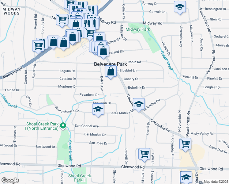 map of restaurants, bars, coffee shops, grocery stores, and more near 3032 Lauren Parc Road in Decatur
