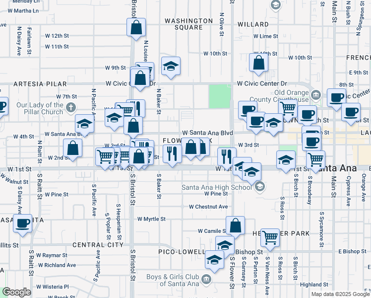 map of restaurants, bars, coffee shops, grocery stores, and more near 1066 West 3rd Street in Santa Ana