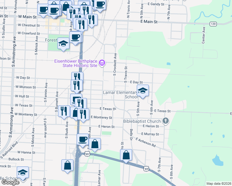 map of restaurants, bars, coffee shops, grocery stores, and more near 910 S Crockett Ave in Denison