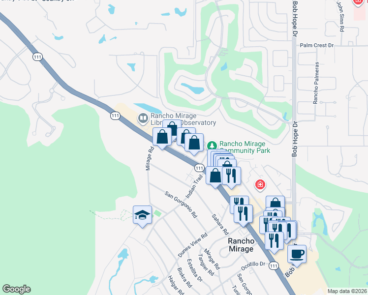 map of restaurants, bars, coffee shops, grocery stores, and more near 41625 Morningside Court in Rancho Mirage