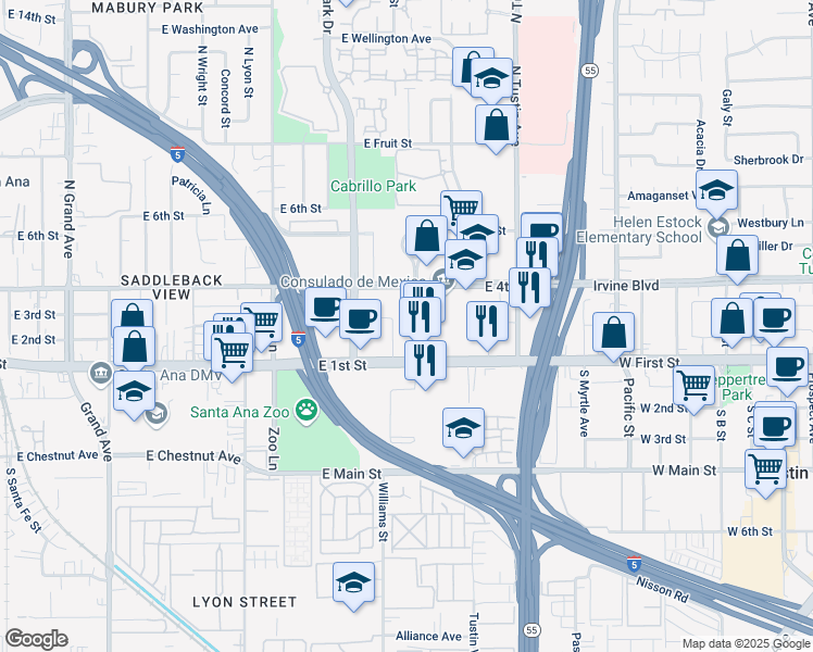 map of restaurants, bars, coffee shops, grocery stores, and more near 250 North Golden Circle Drive in Santa Ana