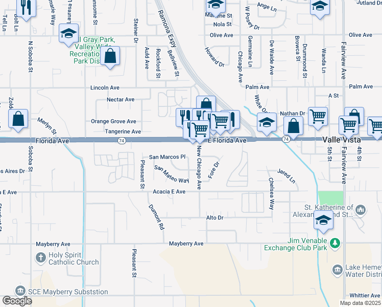 map of restaurants, bars, coffee shops, grocery stores, and more near 25810 San Felipe Drive in Hemet