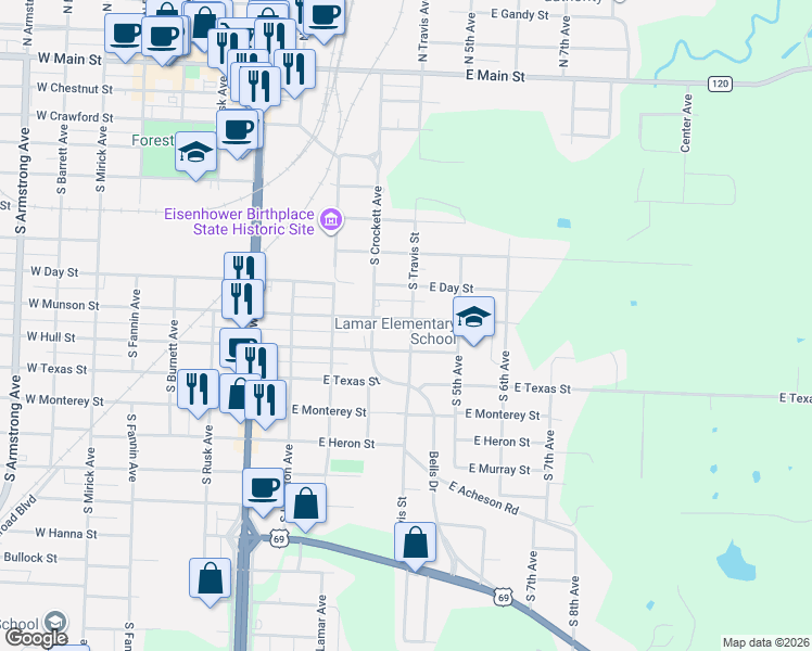 map of restaurants, bars, coffee shops, grocery stores, and more near 330 Munson Street in Denison