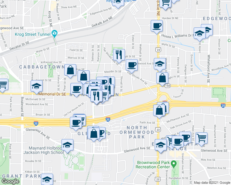 map of restaurants, bars, coffee shops, grocery stores, and more near 982 Memorial Drive Southeast in Atlanta