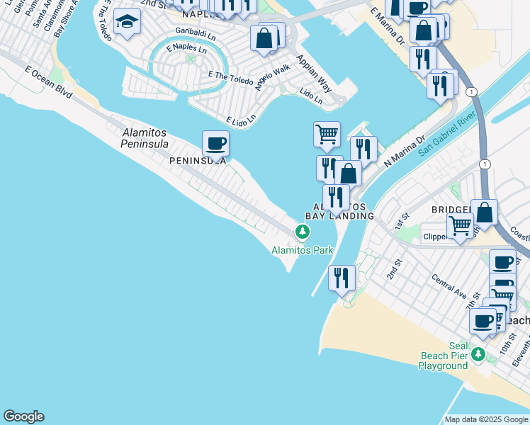 map of restaurants, bars, coffee shops, grocery stores, and more near 50 68th Place in Long Beach