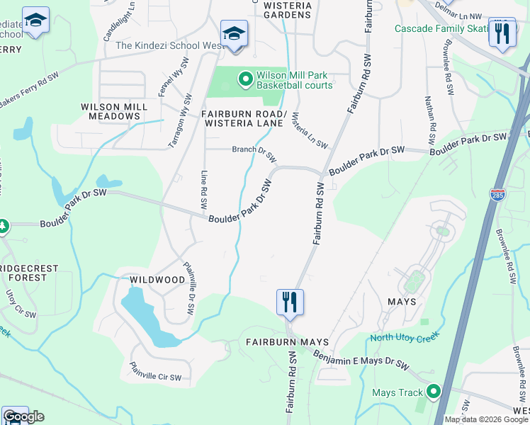 map of restaurants, bars, coffee shops, grocery stores, and more near 3816 Boulder Park Drive Southwest in Atlanta
