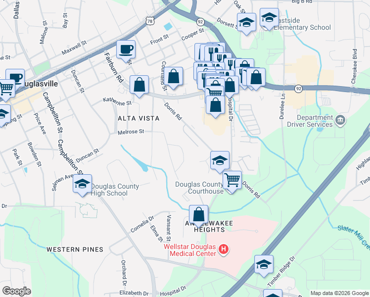 map of restaurants, bars, coffee shops, grocery stores, and more near 8591 Melrose Circle in Douglasville