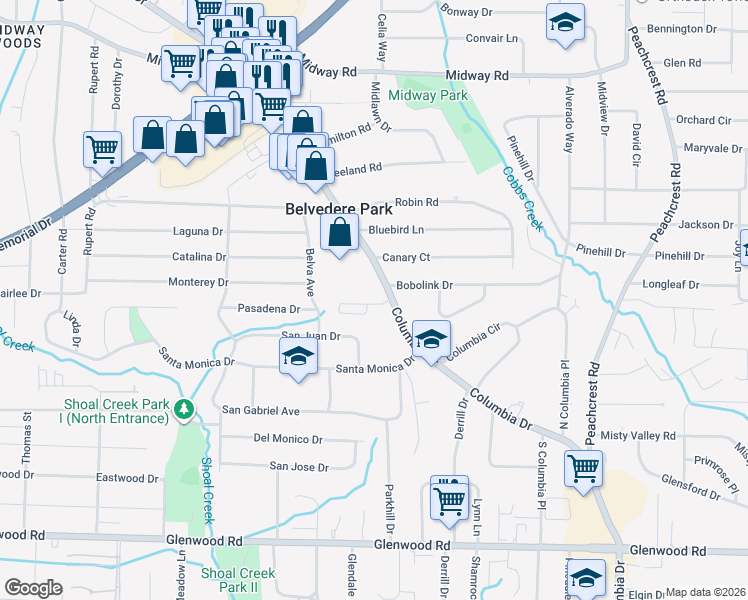 map of restaurants, bars, coffee shops, grocery stores, and more near 3088 Lauren Parc Road in Decatur